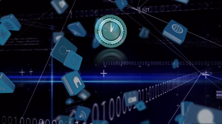 Animation of clock moving over icons and data processing