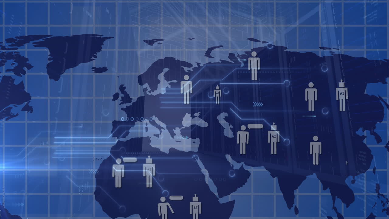 온라인 채팅 아이콘의 애니메이션 및 세계 지도 및 도시에 대한 데이터 처리