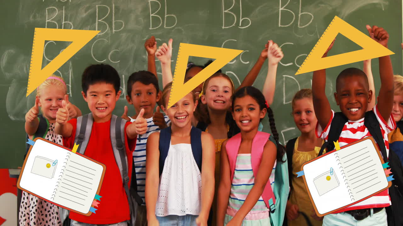 학교 아이템 아이콘의 애니메이션 행복한 학교 아이들이 엄지 손가락을 들고