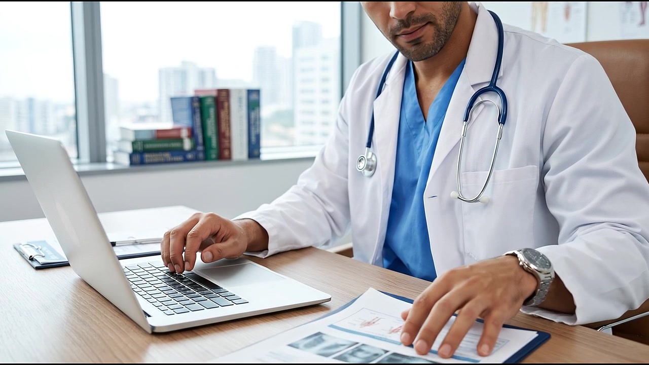 Medico che digita sul laptop e rivede documenti medici in ufficio