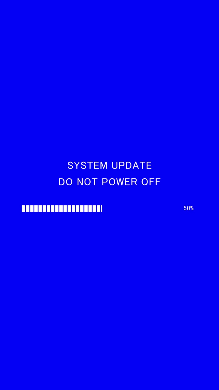 Vertical video of loading progress bar with on-screen text system update do not power off on blue background