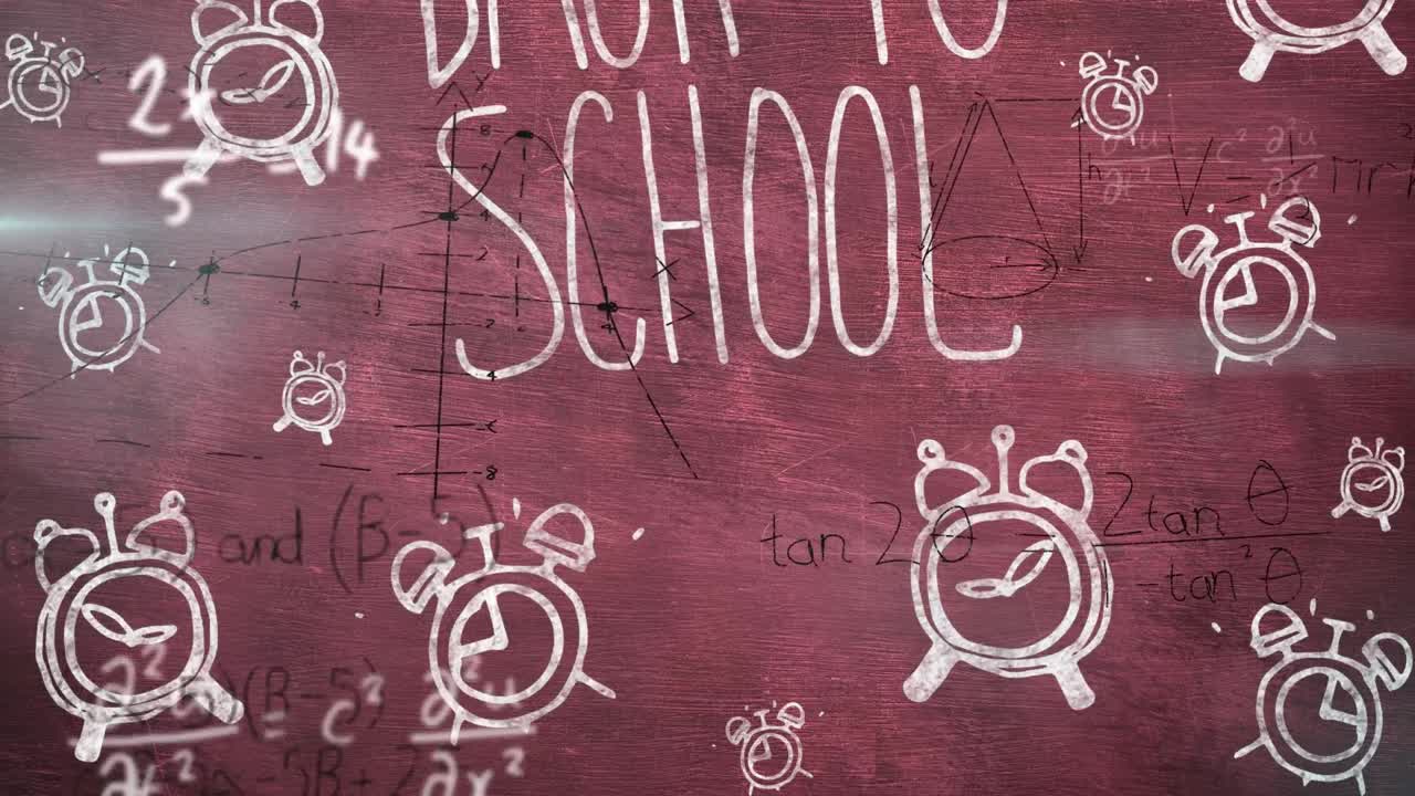 학교로 돌아가는 텍스트와 빨간색 배경 위에 떨어지는 알람 시계의 애니메이션