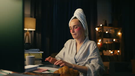 Busy-freelancer-working-keyboard-late-evening-closeup.-Woman-browsing-computer