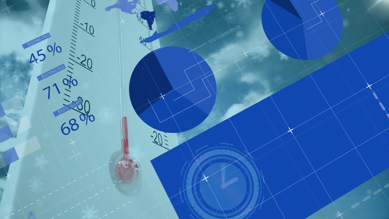 Thermometer and data charts showing winter-themed animation with snowflakes falling