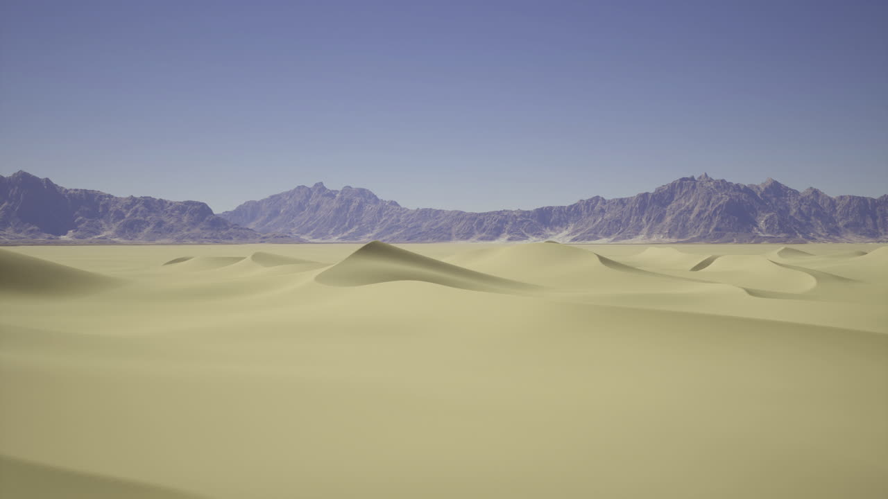 Vast golden sands stretch beneath a clear blue sky in a serene desert landscape