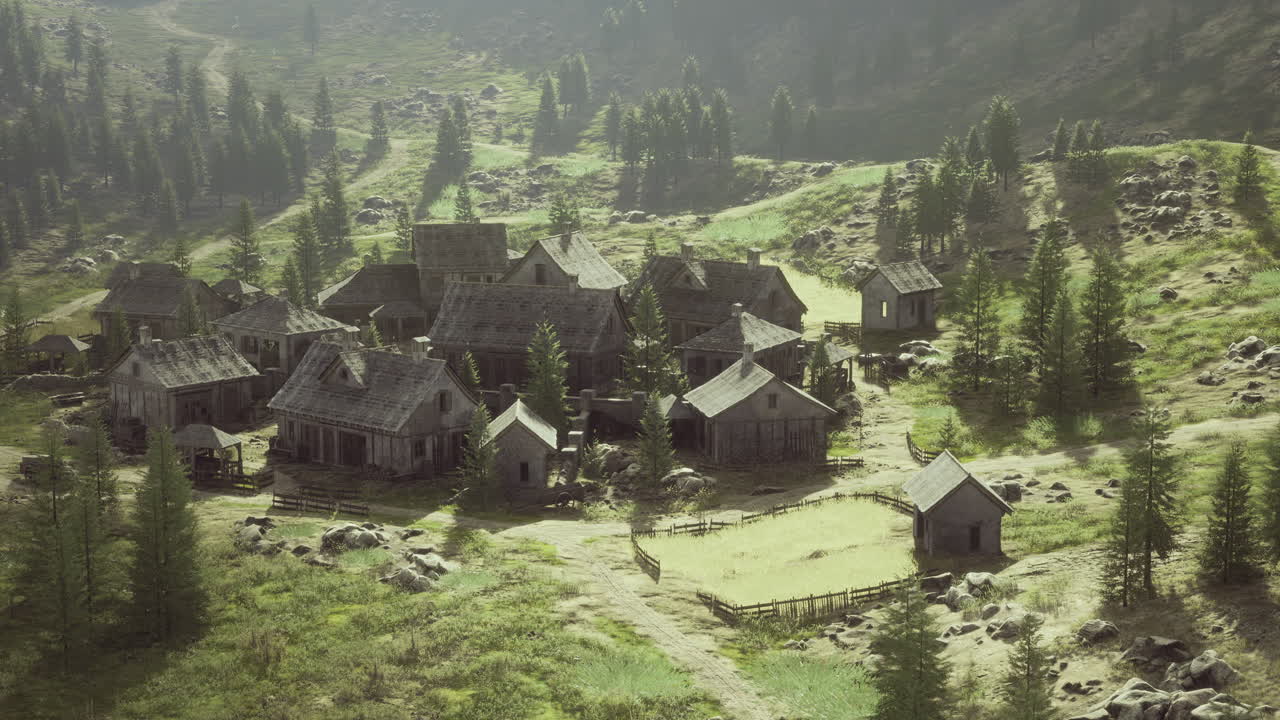 Quiet village nestled in the mountains during early morning light