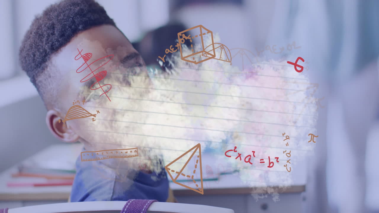 In school, student analyzing mathematical equations with diagrams overlay in classroom