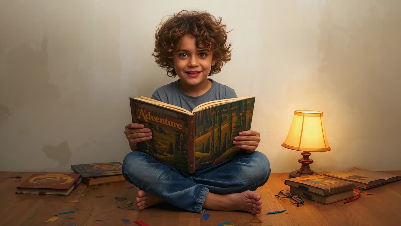 Holding 'Adventure' book boy in blue shirt jeans reading story on wooden floor camera moving closer