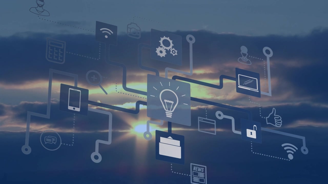Network of multiple digital icons against view of sunset sky