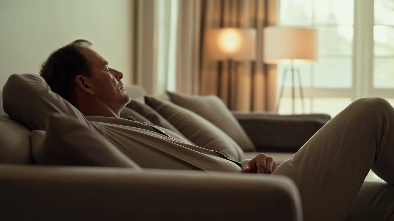 Adult man reclines on fabric sofa in profile, eyes closed and hands loosely folded on lap, with soft daylight, warm neutral decor, cushions and curtain creating peaceful domestic scene and brief