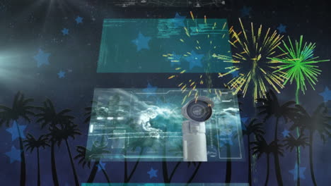iconos de estrellas y fuegos artificiales explotando en múltiples pantallas con procesamiento de datos contra las palmeras