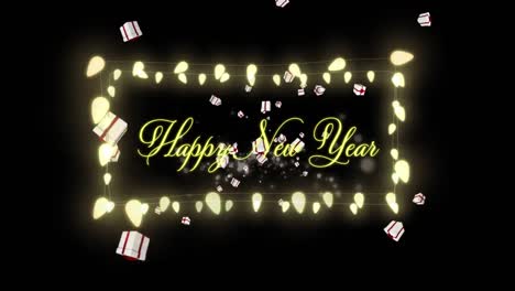 Animation-of-new-year-season's-greetings-text-in-fairy-lights-frame-with-presents-on-red-background