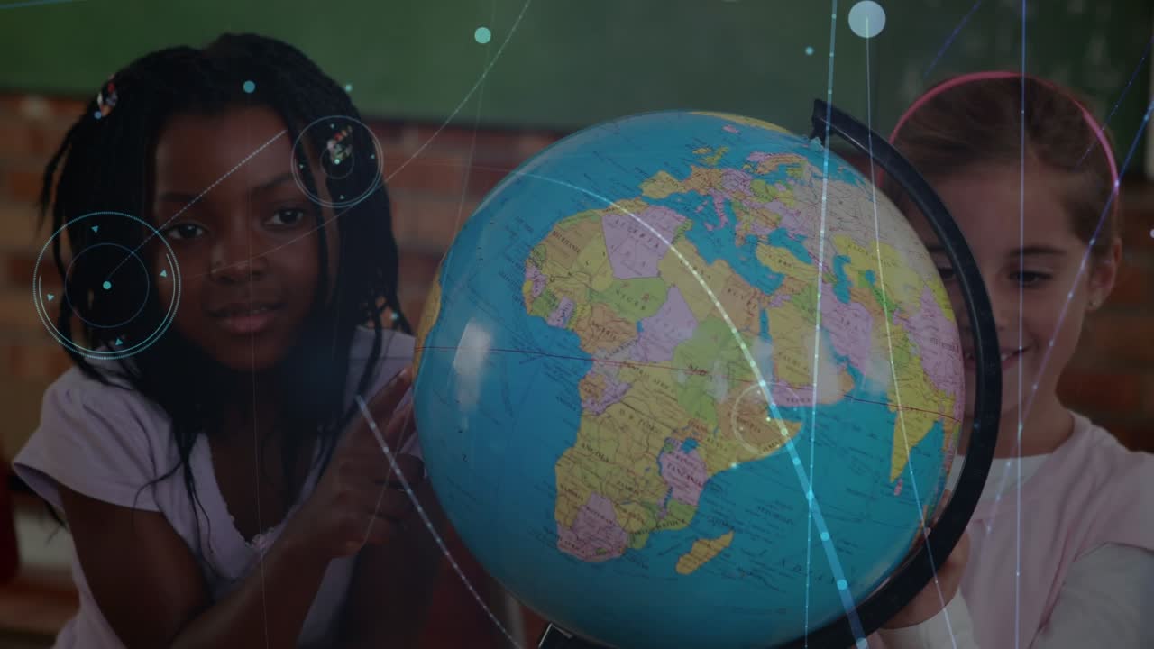 Animation d'un réseau de connexions au-dessus d'écolières diverses avec un globe terrestre.