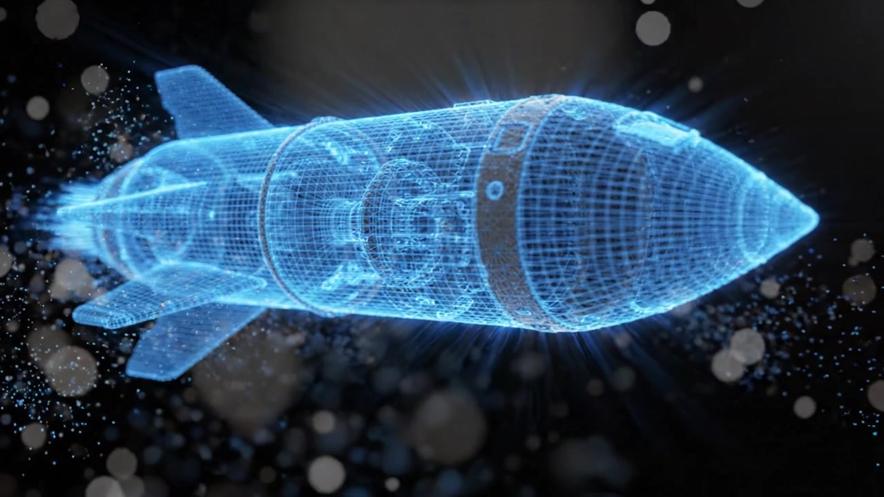 A stunning visual representation of a rocket in a digital holographic form, showcasing intricate designs and technological prowess in aerospace engineering and innovation.