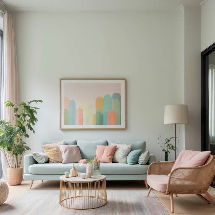 Interior de sala de estar moderna con decoración en tonos pastel e iluminación suave