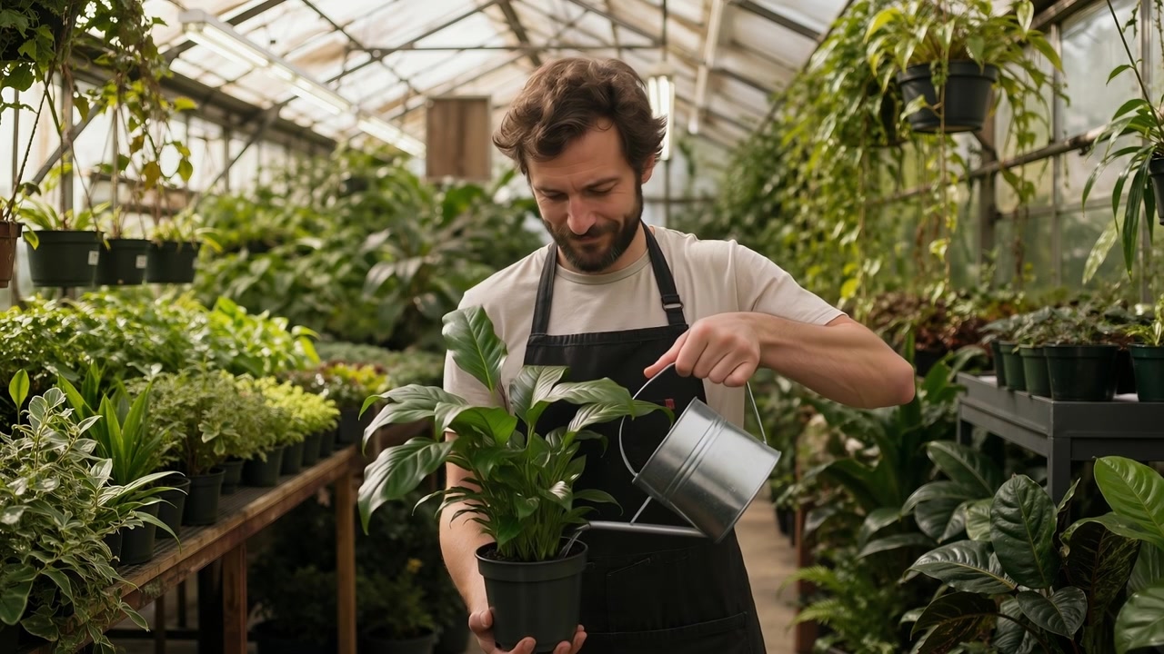 Giardiniere professionista che tiene in mano una rigogliosa pianta verde in vaso in una serra vivaio soleggiata.