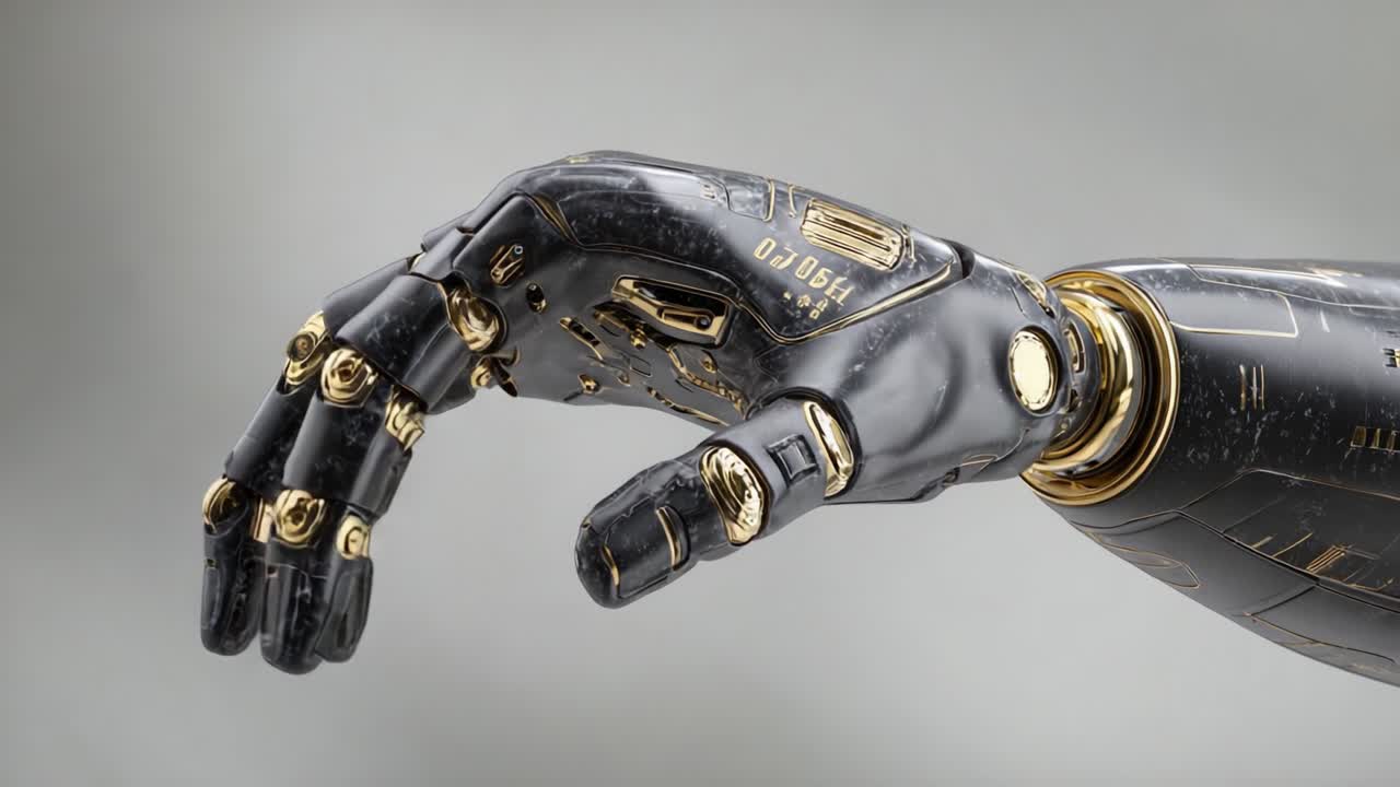 A Futuristic Robotic Hand Showcasing Advanced Technology and Intricate Design Elements in a Close-Up Perspective