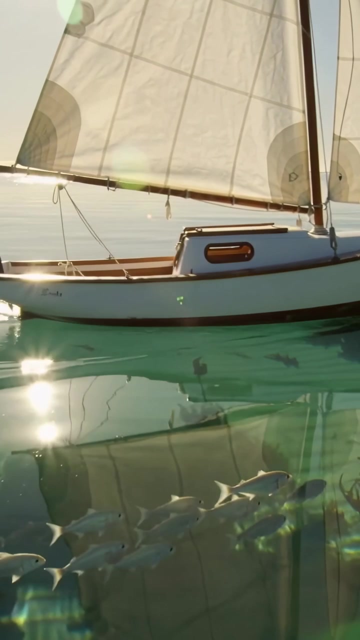 Video verticale: Telecamera panoramica che rivela uno sloop che scivola su una baia limpida, mostrando il luccichio del sole e pesci.