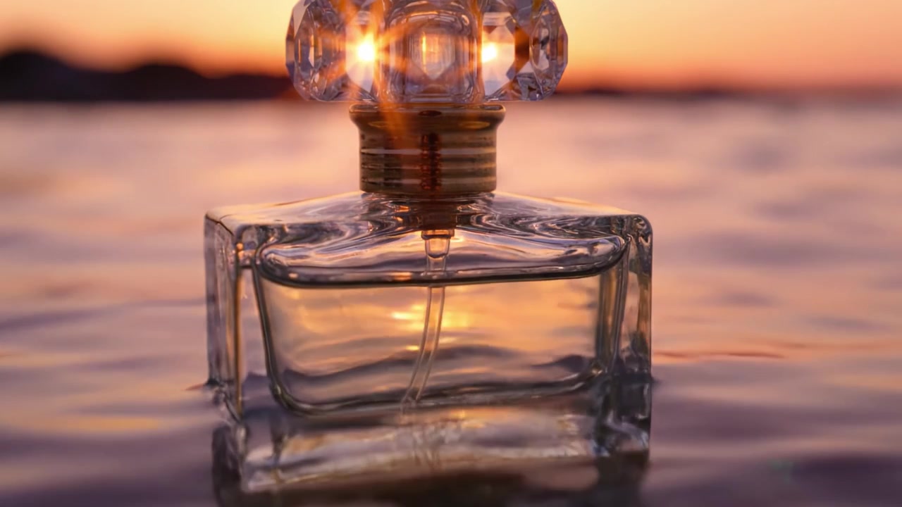 Un affascinante flacone di profumo che luccica nelle acque del tramonto: la bellezza squisita della natura e del lusso combinati in uno sfoggio abbagliante di eleganza