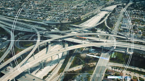 Aerial-shot-of-large-multilevel-highway-interchange-in-suburb.-Augmented-reality-showing-additional-info-for-targeted-objects