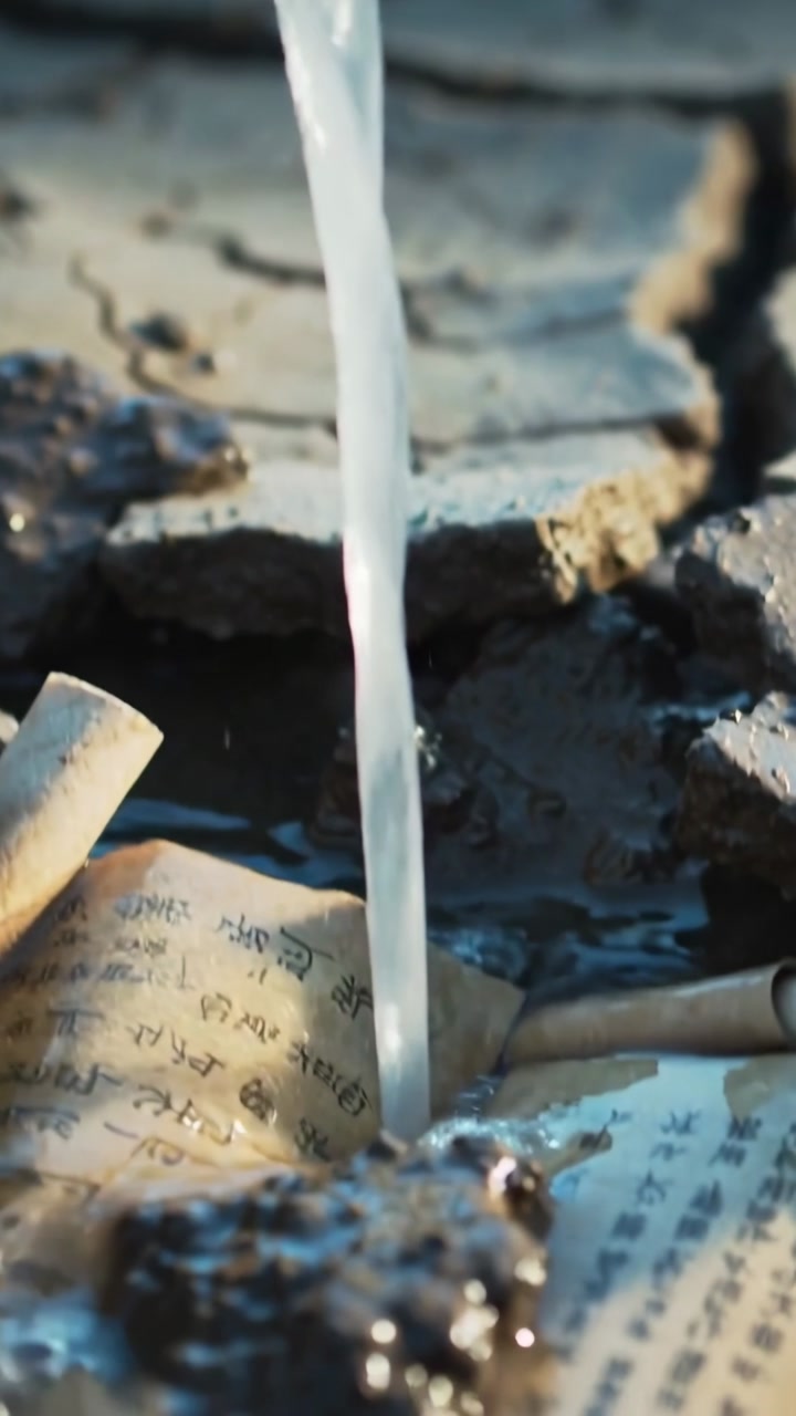 Vertical video: Pouring water, spout wetting cracked soil, soaking printed papers and small frog