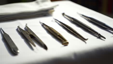 a detailed look at a collection of dental instruments displayed on a white surface, highlighting the precision and variety of the tools used in dentistry