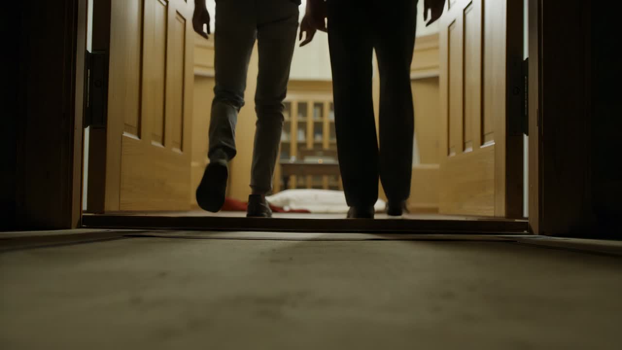 Due adulti che spostano il peso, sollevano i talloni e fanno oscillare i piedi entrando in una stanza calda con porte di legno