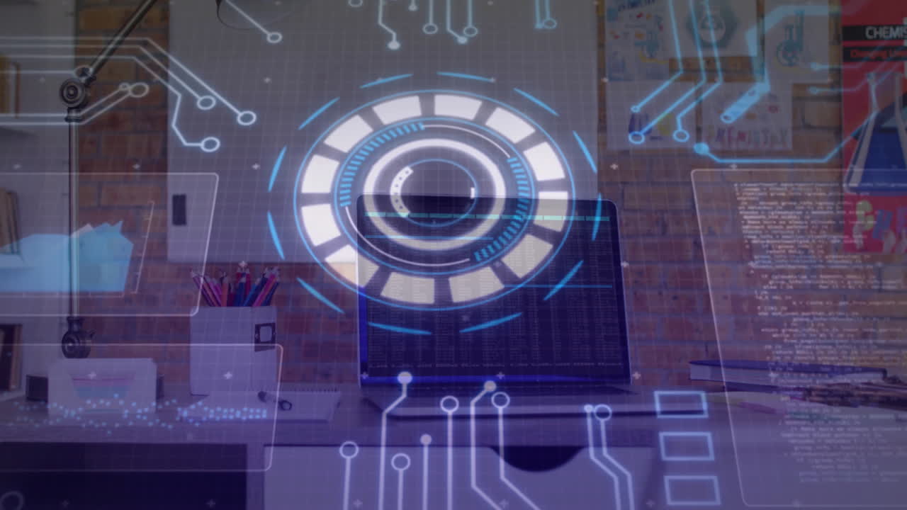 animación del procesamiento de datos con escaneo de alcance en el portátil en el escritorio de la oficina