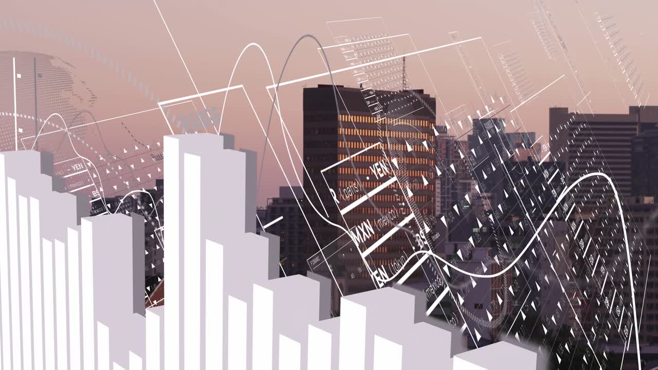 Translucent HUD appearing, dark office tower receiving sliding panels and 3D bars visualizing data