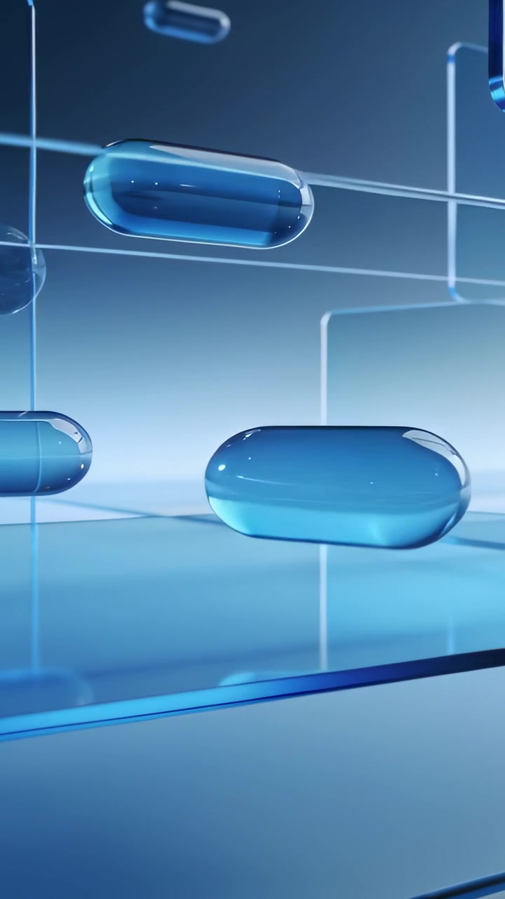 Video verticale: Capsule blu che scivolano nell'inquadratura, attivando una griglia di vetro in studio, mostrando profondità.