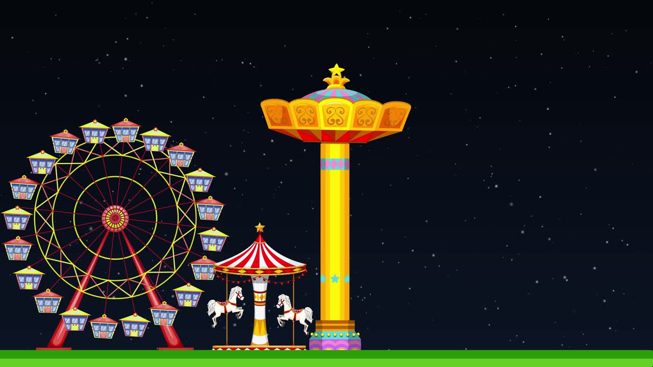 Colorful fairground attractions come to life at night.