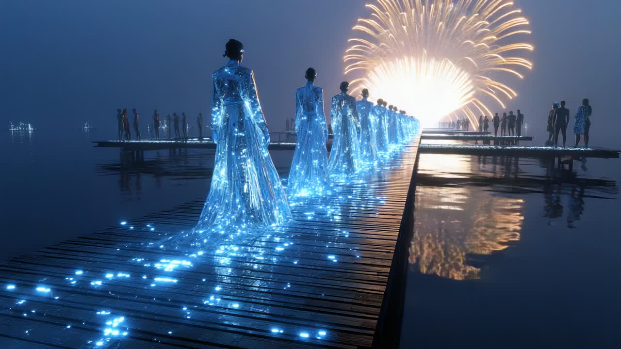 Illuminated Figures on Dock at Night
