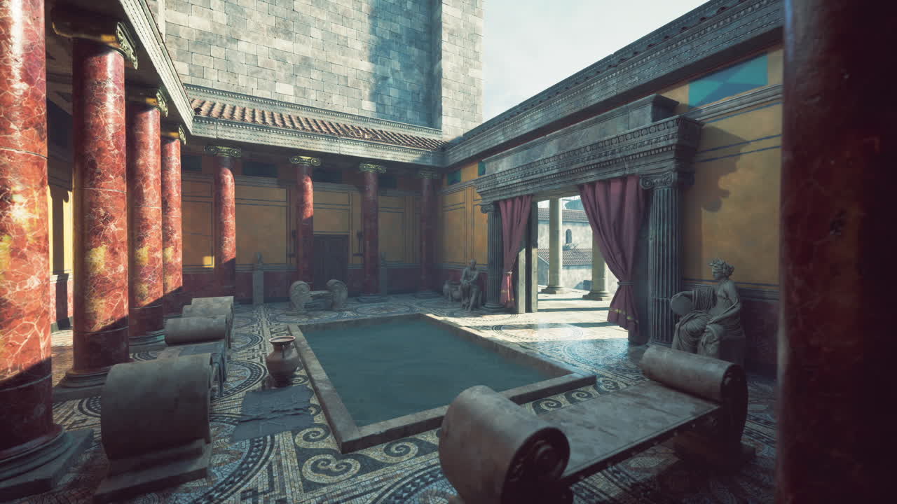 Ancient roman bathhouse interior showcasing intricate architecture and design