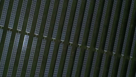 aerial view of large solar farm with hundreds of rows of energy efficient panels, sustainable renewable energy