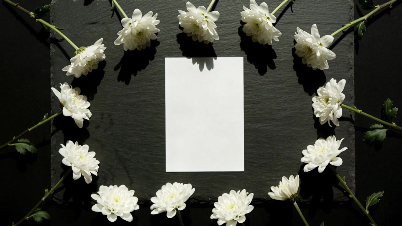 Avance de fotogramas, flores moviéndose hacia afuera enmarcando uniformemente una hoja en blanco sobre un tablero oscuro, con gotas de agua.