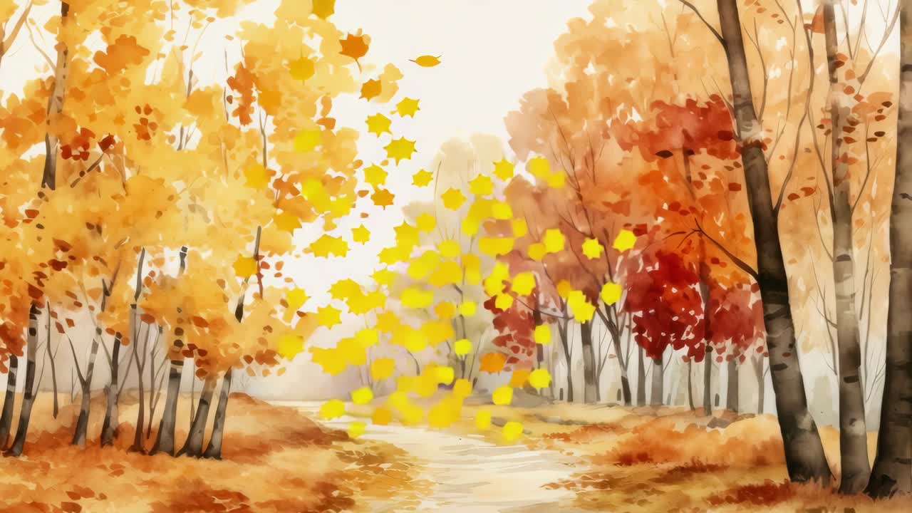 A serene watercolor landscape of autumn trees, captured from a low angle, resembling a video still