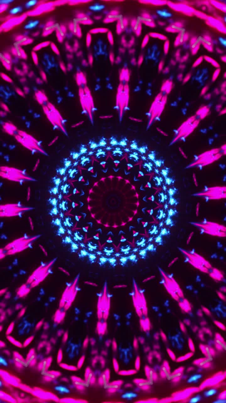 Circular pattern of blue and pink lights. Kaleidoscope VJ loop Vertical