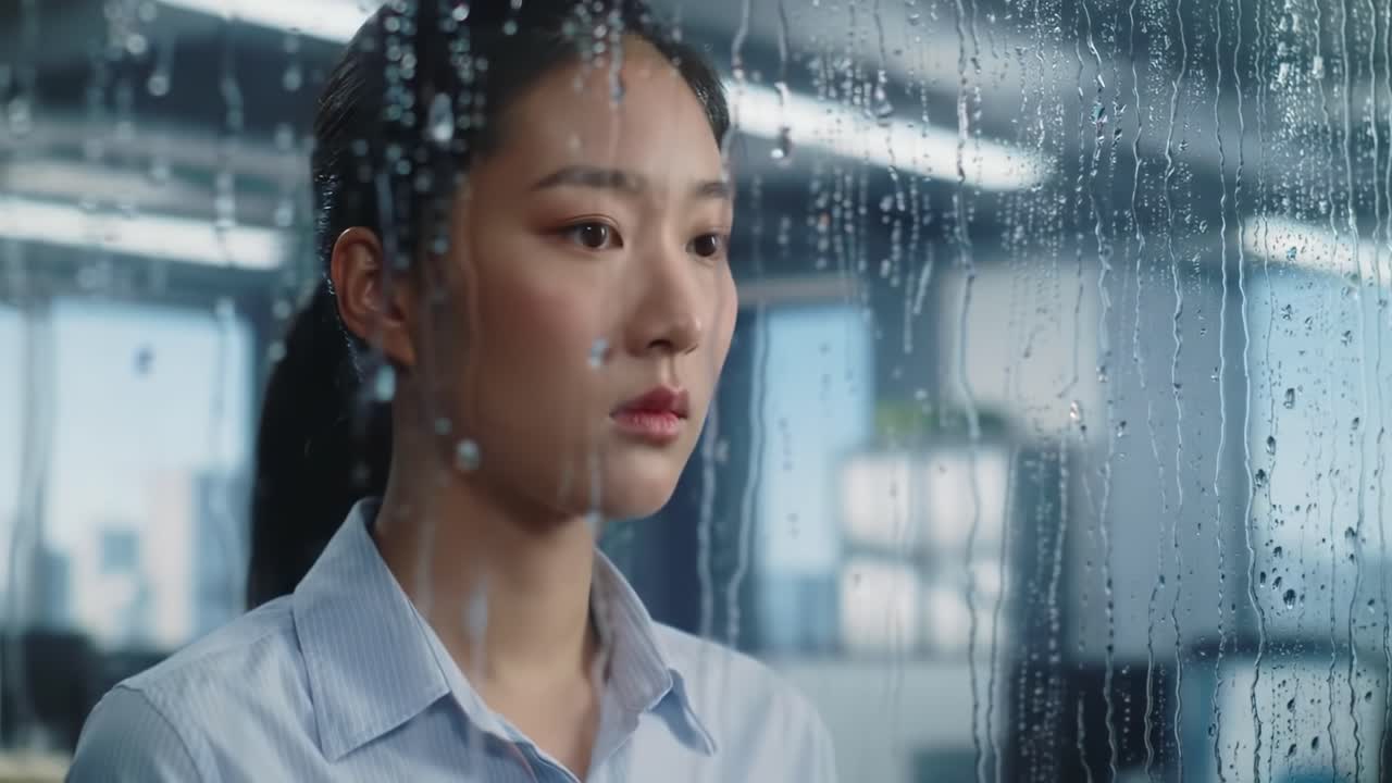 A woman stands in a contemporary office, looking pensively through a rain-covered window. The atmosphere reflects a moment of contemplation amidst a busy workday.
