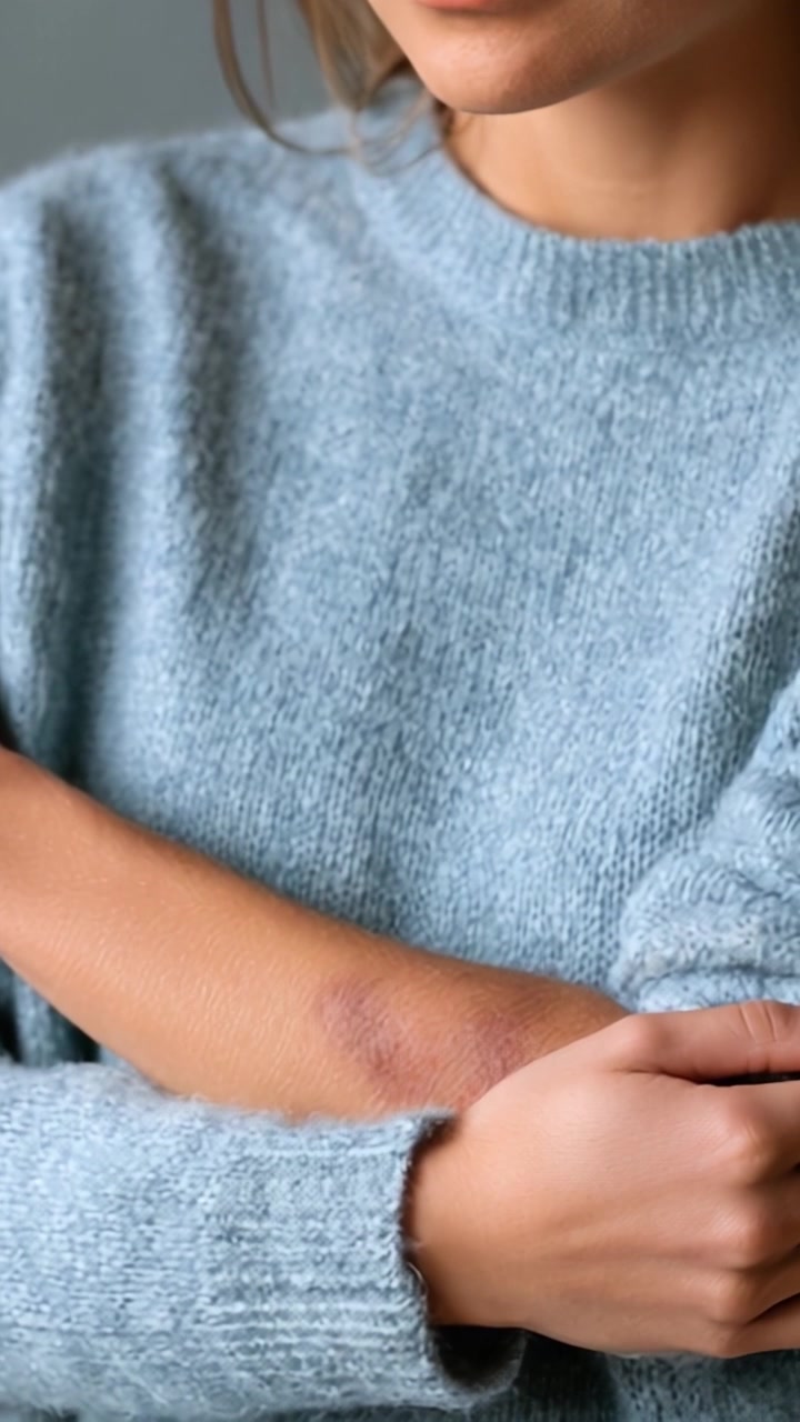 A Close-Up of a Woman's Arm Gently Embracing Herself, Showcasing a Subtle Bruise, Captured in Soft Lighting for an Intimate, Reflective Moment