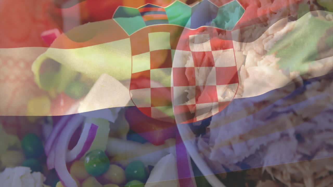 Croatian flag animation overlaying fresh salad with vegetables and shredded chicken
