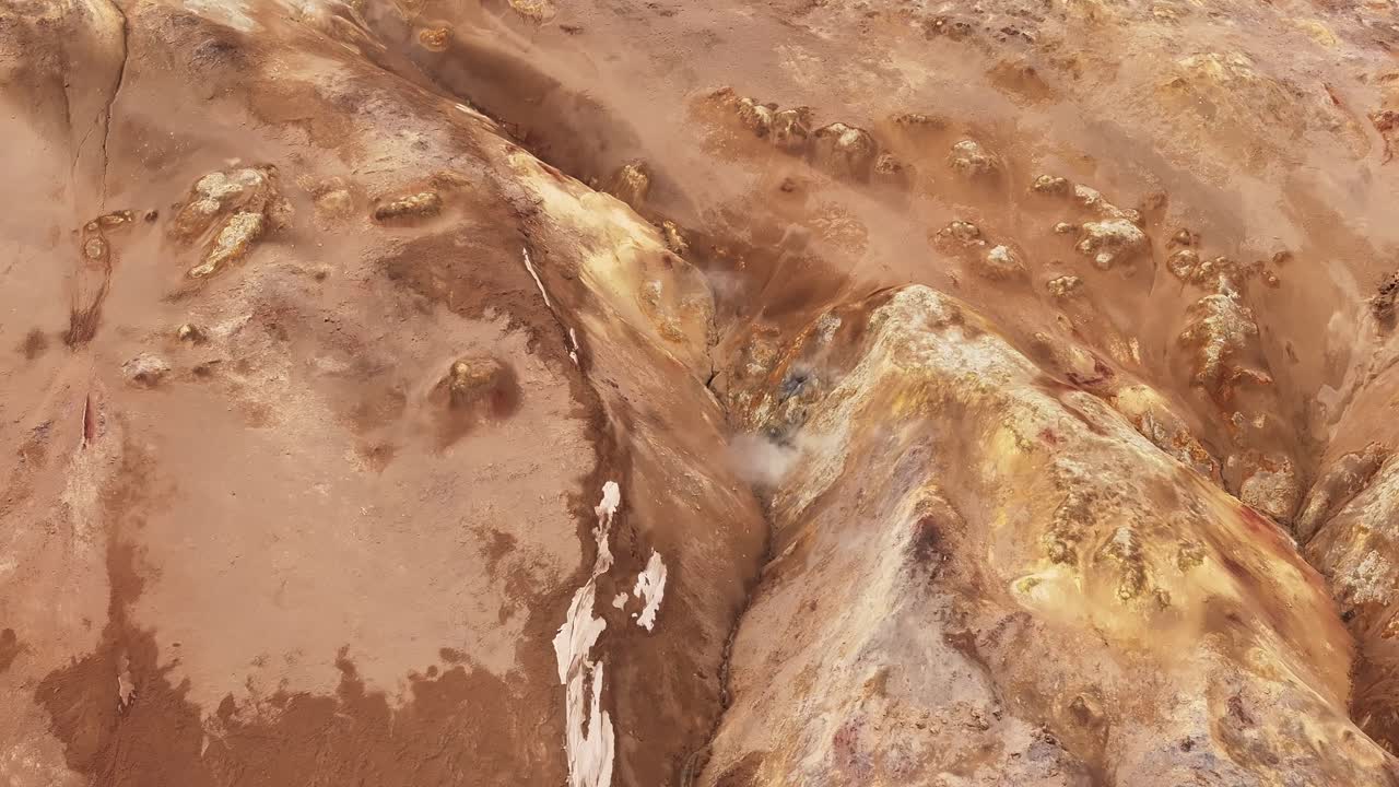 Námafjall and Hverarönd's active geothermal area in Iceland, stunning aerial view of boiling mud pots, steaming fumaroles and vibrant sulfur vents.