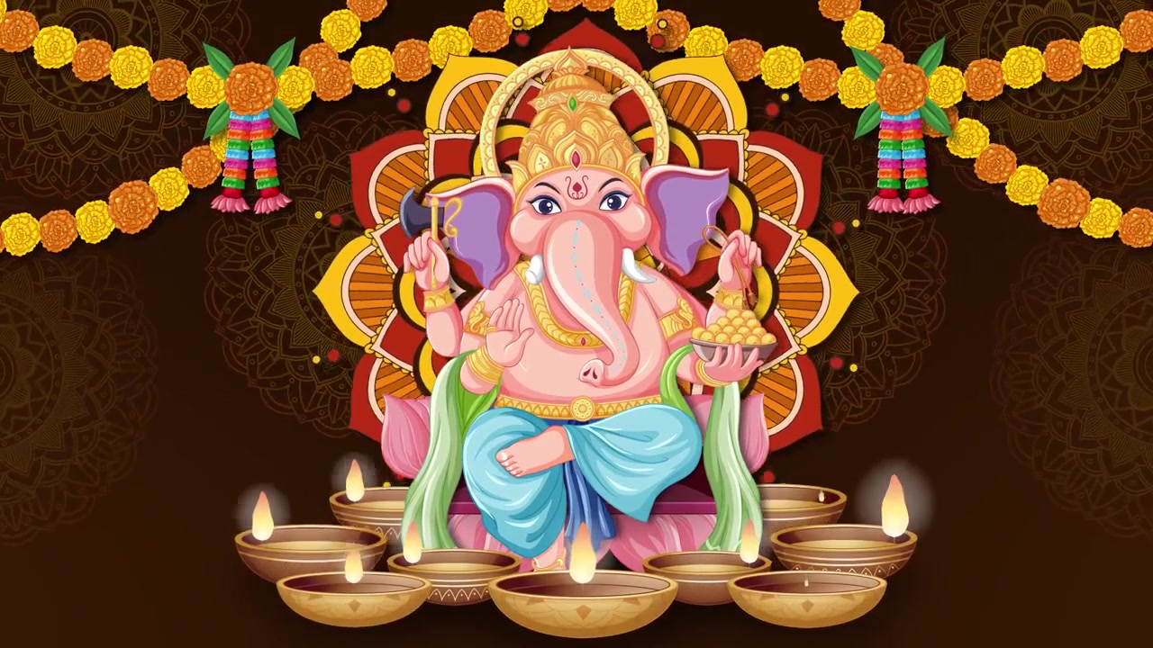 Animação de Ganesha em estilo desenho animado aparece com guirlandas florais e lamparinas a óleo tremeluzentes em um fundo marrom.