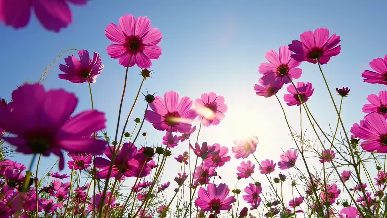 Video en contrapicado de vibrantes flores rosas contra un cielo azul claro, capturando la luz del sol