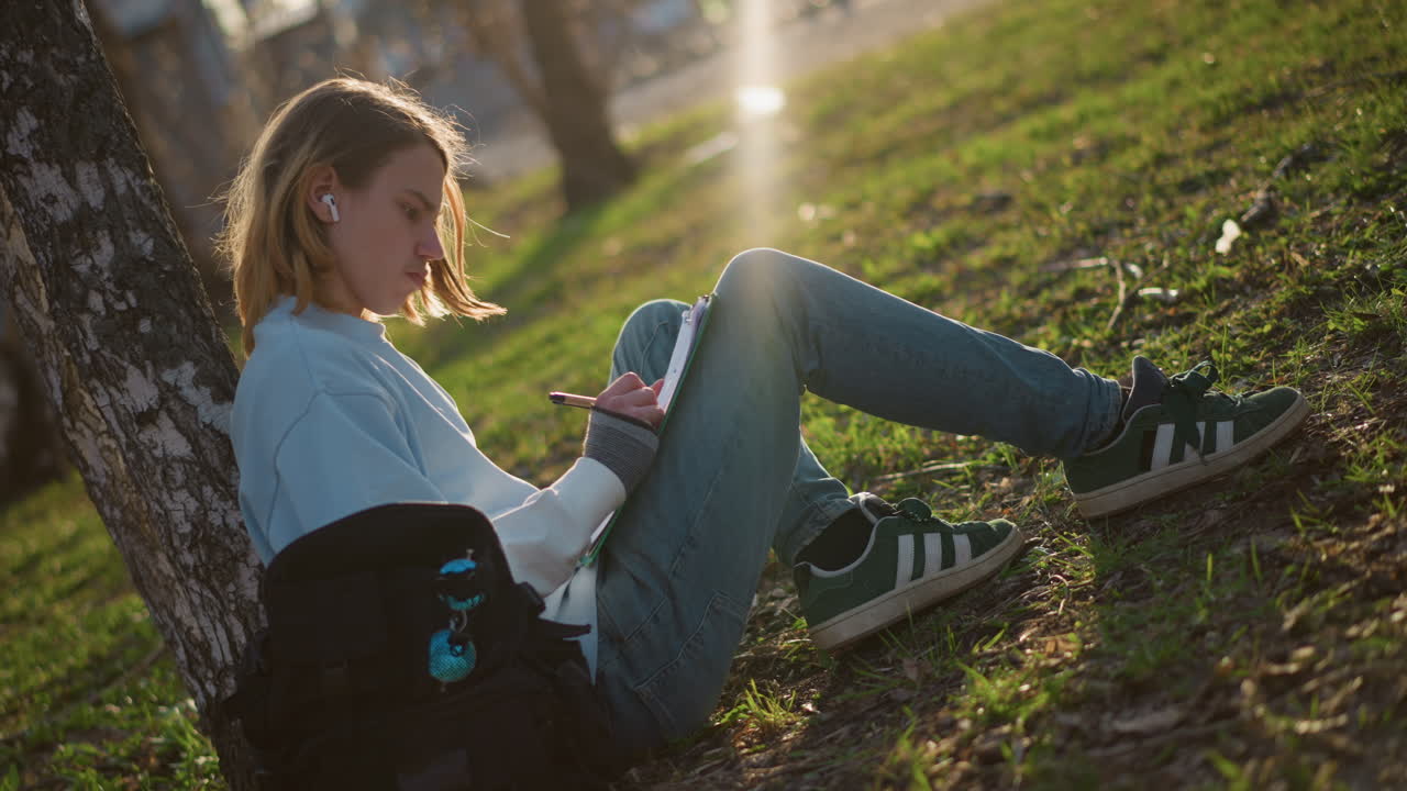 young person unwinding beneath tree sunlight, adolescent relaxing on grass with headphones during sunny day, teenager enjoying tranquil moment on grassy field under bright sunlight with earbuds