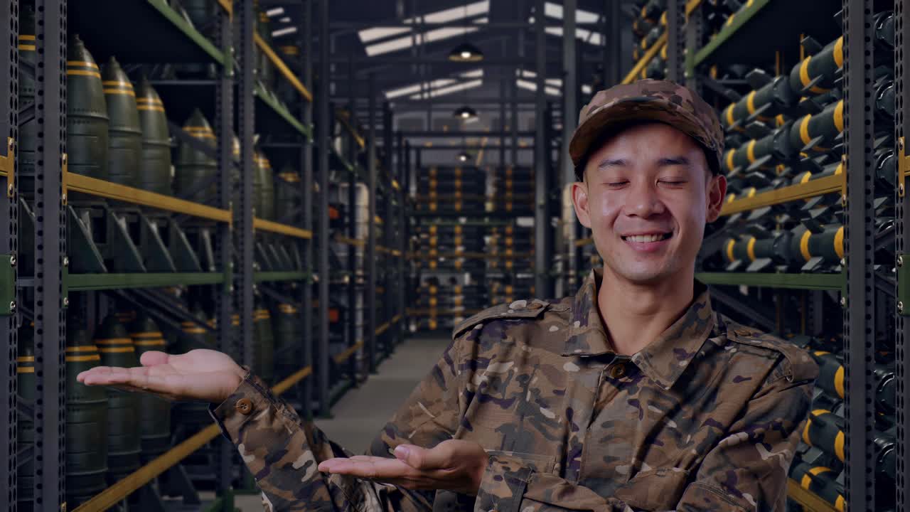Detailní záběr usmívajícího se asijského vojáka, který ukazuje do strany, zatímco stojí ve vojenském skladu munice