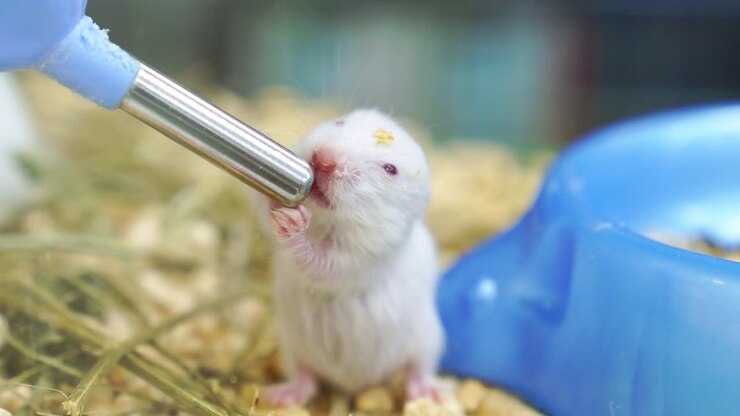A baby syrian hamster drinking water from a special water bottle in a cage.