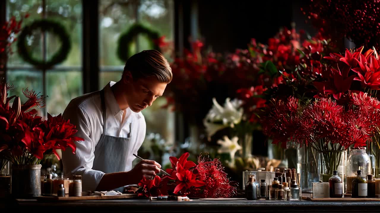 A Skilled Florist Carefully Arranging Vibrant Red Flowers Amongst Various Greenery in a Beautifully Decorated Floral Studio During Daylight Hours, Showcasing Passion for Floral Artistry