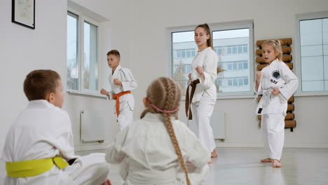 maestro de artes marciales caucásicos y estudiantes que demuestran