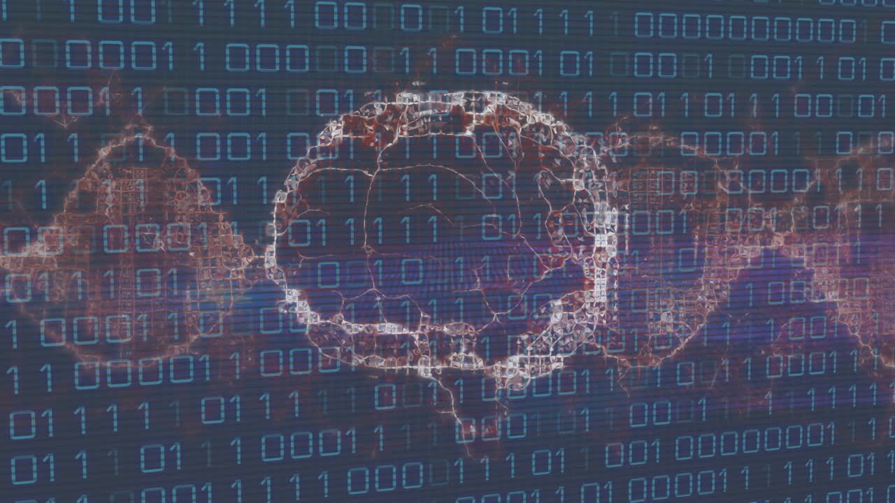 Animation of digital brain and dna strand over data processing on black background