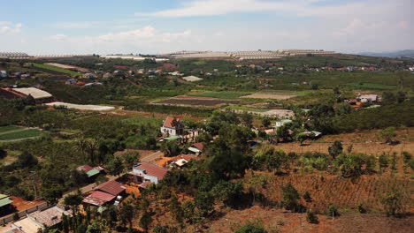 small rural village of vietnam surrounded by green agriculture plots, aerial view